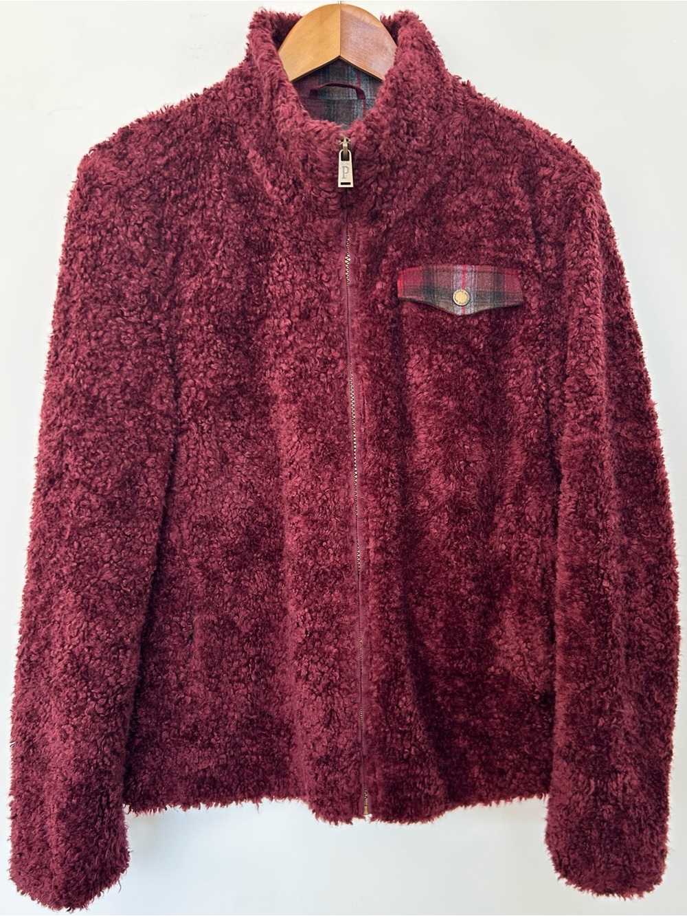 Pendleton Sherpa Fleece Jacket Women’s Large Burgundy Plaid Trim Full Zip Cozy